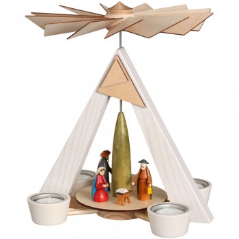 Teelichtpyramide - weiß, Christi Geburt - bunt